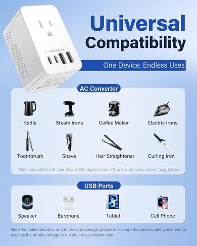Voltage Converter US to Europe for Hair Dryers, 220V to 110V Voltage Converter for European Travel with 2 USB-A 2 USB-C Port & UK/AU/US/IT/European Travel Plug Adapters in Saudi Arabia