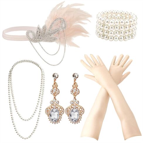 DRESHOW 1920s مجموعة إكسسوارات Great Gatsby للنساء، إكسسوارات أزياء فلابر، عصابة رأس من الريش، قفازات للرأس، مجموعة إكسسوارات طافوا 20 ثانية in Kuwait