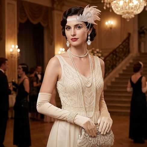 DRESHOW 1920s مجموعة إكسسوارات Great Gatsby للنساء، إكسسوارات أزياء فلابر، عصابة رأس من الريش، قفازات للرأس، مجموعة إكسسوارات طافوا 20 ثانية in Kuwait