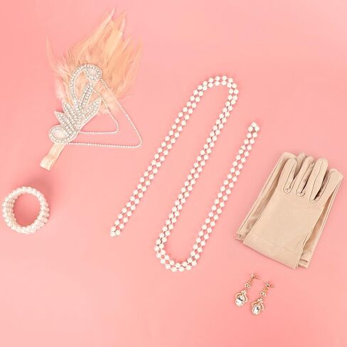 DRESHOW 1920s مجموعة إكسسوارات Great Gatsby للنساء، إكسسوارات أزياء فلابر، عصابة رأس من الريش، قفازات للرأس، مجموعة إكسسوارات طافوا 20 ثانية in Kuwait