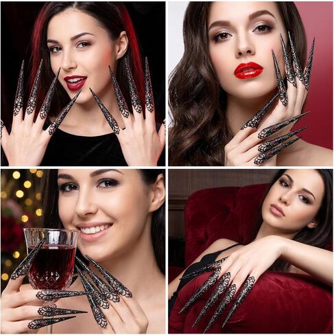 10 Pack Finger Nail Tip Claw Rings, Costume Fingertip Nail Rings Claws for Women, Ancient Queen Finger Knuckle Protectors Decoration Accessory for Halloween Cosplay Dance Show- Black in Saudi Arabia