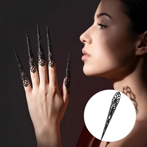 10 Pack Finger Nail Tip Claw Rings, Costume Fingertip Nail Rings Claws for Women, Ancient Queen Finger Knuckle Protectors Decoration Accessory for Halloween Cosplay Dance Show- Black in Saudi Arabia