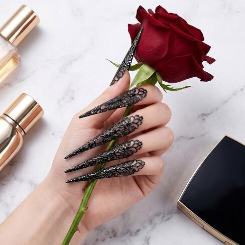 10 Pack Finger Nail Tip Claw Rings, Costume Fingertip Nail Rings Claws for Women, Ancient Queen Finger Knuckle Protectors Decoration Accessory for Halloween Cosplay Dance Show- Black in Saudi Arabia