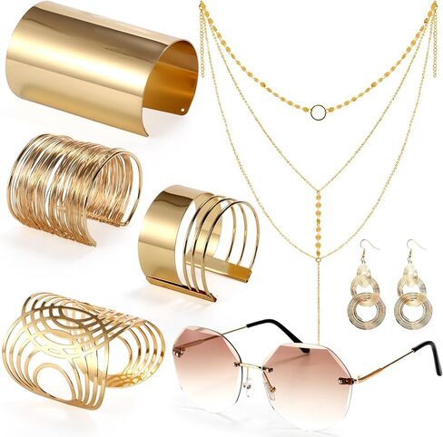 7 Pieces 70s Disco Accessories for Women, 1970s Disco Costume Accessory with Diamond Sunglasses Gold Coil Bracelets Layered Choker Necklace Triple Swirl Earrings for Party Halloween Cosplay in Saudi Arabia