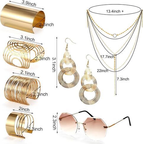 7 Pieces 70s Disco Accessories for Women, 1970s Disco Costume Accessory with Diamond Sunglasses Gold Coil Bracelets Layered Choker Necklace Triple Swirl Earrings for Party Halloween Cosplay in Saudi Arabia