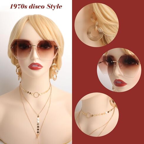 7 Pieces 70s Disco Accessories for Women, 1970s Disco Costume Accessory with Diamond Sunglasses Gold Coil Bracelets Layered Choker Necklace Triple Swirl Earrings for Party Halloween Cosplay in Saudi Arabia
