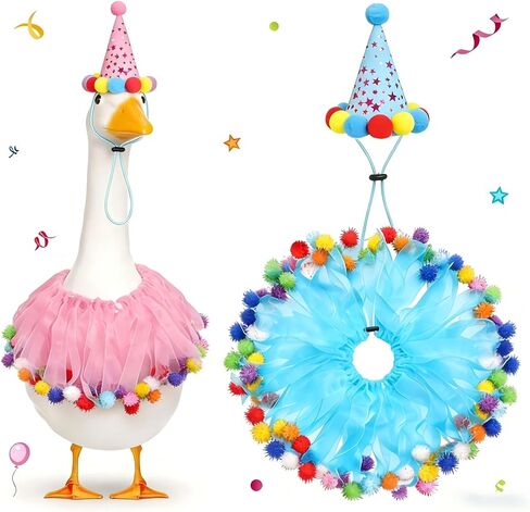 Birthday Goose Outfit for 23" 17" Porch or Lawn Goose with Tutu Party Hat and Pom Pom Collar Baby Shower, Gender Reveal and Birthday Decoration (Blue Pink) in Saudi Arabia