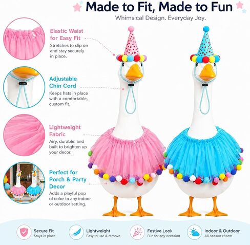 Birthday Goose Outfit for 23" 17" Porch or Lawn Goose with Tutu Party Hat and Pom Pom Collar Baby Shower, Gender Reveal and Birthday Decoration (Blue Pink) in Saudi Arabia