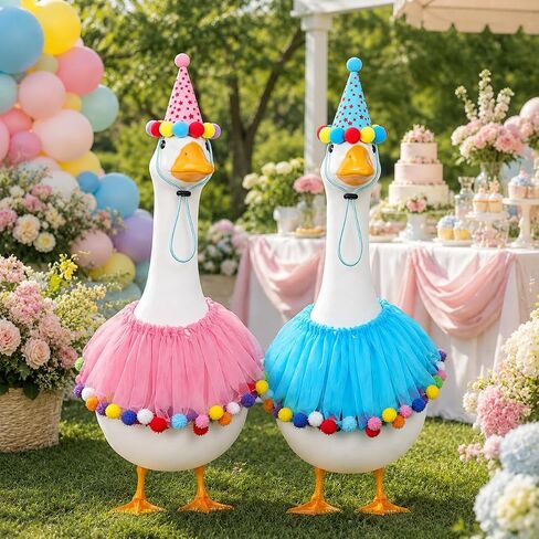 Birthday Goose Outfit for 23" 17" Porch or Lawn Goose with Tutu Party Hat and Pom Pom Collar Baby Shower, Gender Reveal and Birthday Decoration (Blue Pink) in Saudi Arabia