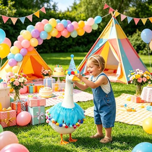 Birthday Goose Outfit for 23" 17" Porch or Lawn Goose with Tutu Party Hat and Pom Pom Collar Baby Shower, Gender Reveal and Birthday Decoration (Blue Pink) in Saudi Arabia