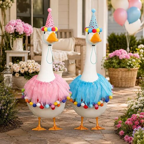 Birthday Goose Outfit for 23" 17" Porch or Lawn Goose with Tutu Party Hat and Pom Pom Collar Baby Shower, Gender Reveal and Birthday Decoration (Blue Pink) in Saudi Arabia