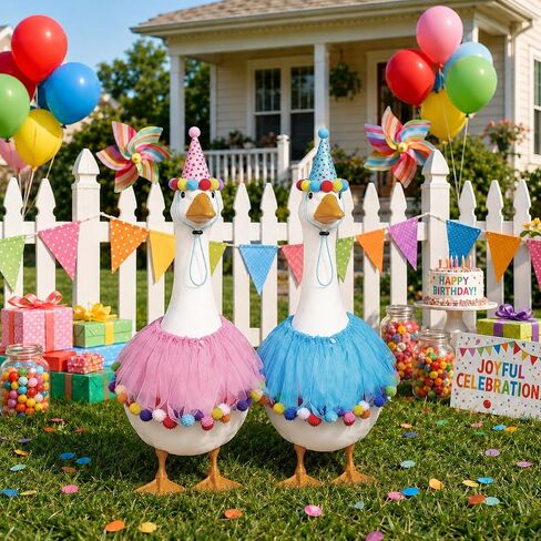 Birthday Goose Outfit for 23" 17" Porch or Lawn Goose with Tutu Party Hat and Pom Pom Collar Baby Shower, Gender Reveal and Birthday Decoration (Blue Pink) in Saudi Arabia
