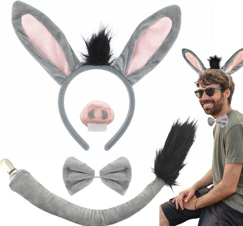 Donkey Ears and Tail Costume Set for Adults, Donkey Headband with Tail, Nose, and Bowtie, Donkey Costume Adult Accessories for Halloween, Cosplay, Themed Parties in Saudi Arabia