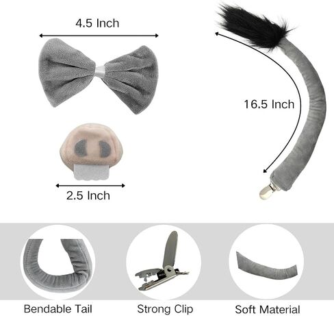 Donkey Ears and Tail Costume Set for Adults, Donkey Headband with Tail, Nose, and Bowtie, Donkey Costume Adult Accessories for Halloween, Cosplay, Themed Parties in Saudi Arabia