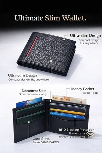 Men's Bifold Leather Wallet | Leather Wallets for Men | Elegant Compact Design RFID Blocking | Ultra-Slim Minimalist Front Pocket Mens Wallet with Advanced Card Protection with Gift Box in Kuwait