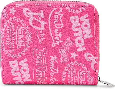 Von Dutch Zip-Up Wallet with ID Window, Vegan Leather, Slim Unisex Design for Men & Women (Multi Logo Stamps, Hot Pink) in Saudi Arabia