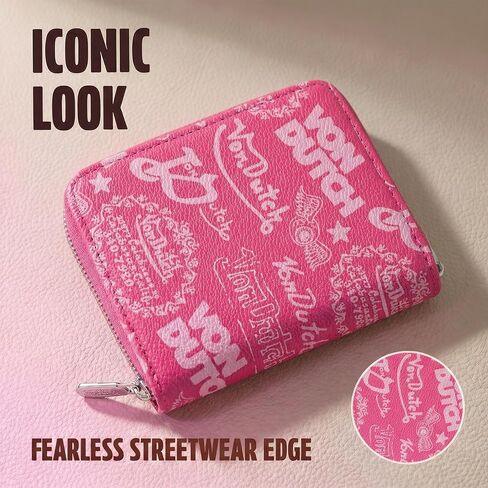 Von Dutch Zip-Up Wallet with ID Window, Vegan Leather, Slim Unisex Design for Men & Women (Multi Logo Stamps, Hot Pink) in Saudi Arabia