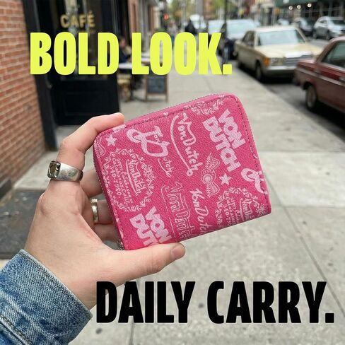 Von Dutch Zip-Up Wallet with ID Window, Vegan Leather, Slim Unisex Design for Men & Women (Multi Logo Stamps, Hot Pink) in Saudi Arabia