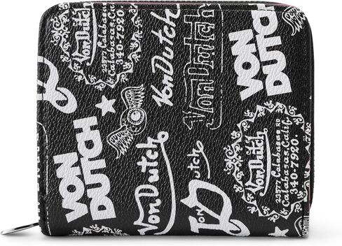 Von Dutch Zip-Up Wallet with ID Window, Vegan Leather, Slim Unisex Design for Men & Women (Multi Logo Stamps, Hot Pink) in Saudi Arabia