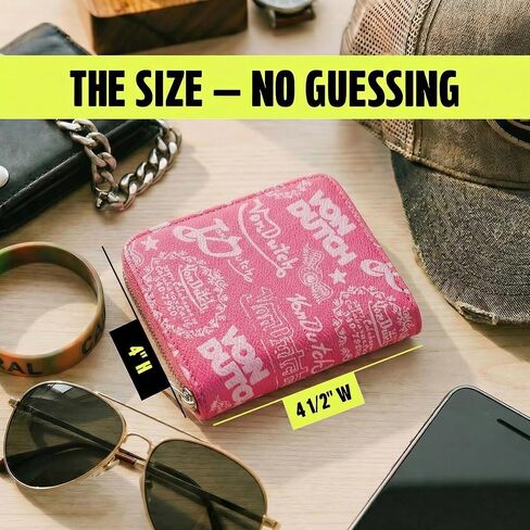 Von Dutch Zip-Up Wallet with ID Window, Vegan Leather, Slim Unisex Design for Men & Women (Multi Logo Stamps, Hot Pink) in Saudi Arabia