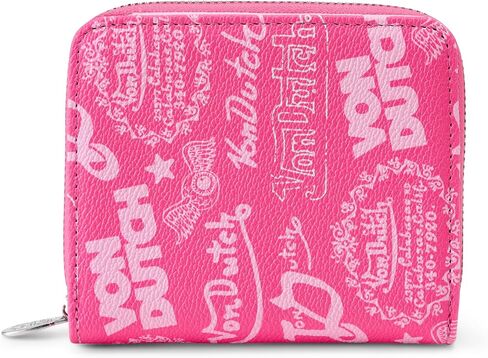 Von Dutch Zip-Up Wallet with ID Window, Vegan Leather, Slim Unisex Design for Men & Women (Multi Logo Stamps, Hot Pink) in Saudi Arabia