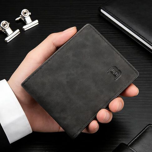 Slim Bifold Wallet for Men, Brown PU Leather Mens Wallet with Cash & Card Slots, Thin Classic Wallet Gift for Him（Black） in Kuwait