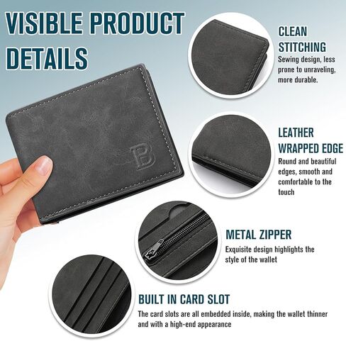 Slim Bifold Wallet for Men, Brown PU Leather Mens Wallet with Cash & Card Slots, Thin Classic Wallet Gift for Him（Black） in Kuwait
