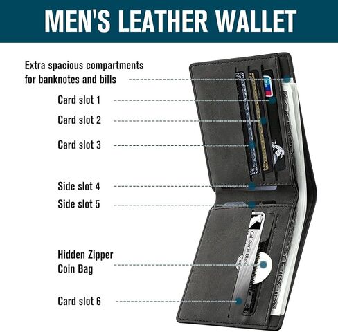Slim Bifold Wallet for Men, Brown PU Leather Mens Wallet with Cash & Card Slots, Thin Classic Wallet Gift for Him（Black） in Kuwait