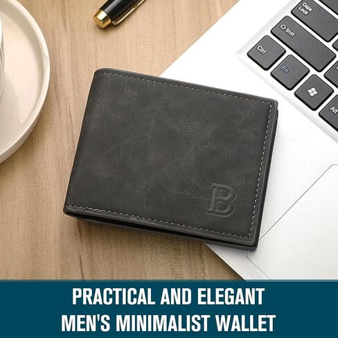 Slim Bifold Wallet for Men, Brown PU Leather Mens Wallet with Cash & Card Slots, Thin Classic Wallet Gift for Him（Black） in Kuwait
