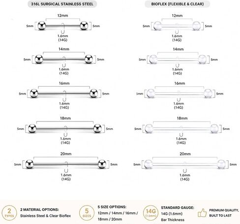 20Pcs 14G Nipple Rings Tongue Rings for Women, Surgical Steel and Clear Bioflex Barbells, 12mm 14mm 16mm 18mm 20mm Straight Barbell Piercing Jewelry, Flexible Retainers for Work Surgery in Saudi Arabia