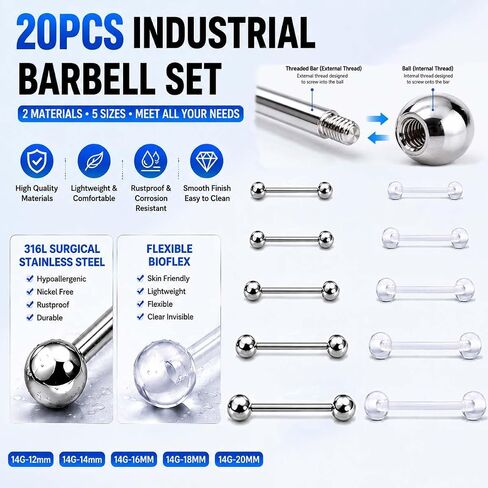 20Pcs 14G Nipple Rings Tongue Rings for Women, Surgical Steel and Clear Bioflex Barbells, 12mm 14mm 16mm 18mm 20mm Straight Barbell Piercing Jewelry, Flexible Retainers for Work Surgery in Saudi Arabia