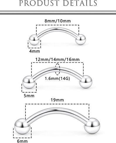 Hoeudjo Snake Eyes Tongue Rings 16G 14G Surgical Steel Snake Bite Piercing Jewelry Curved Barbell Eyebrow Rings Rook Daith Earrings for Women Men Wearable Bar Length 8-19mm in Kuwait