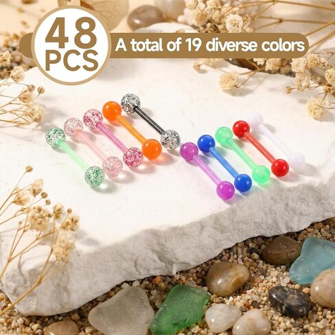 48 Pcs 14G Straight Tongue Barbell Piercing Jewelry Glow in Dark Acrylic Tongue Flexible Color for Women Men in Saudi Arabia