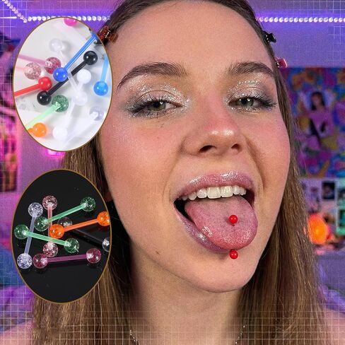48 Pcs 14G Straight Tongue Barbell Piercing Jewelry Glow in Dark Acrylic Tongue Flexible Color for Women Men in Saudi Arabia