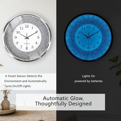 Lighted Wall Clock 12 Inch, Light and Sound Sensor, Light Up Wall Clock, Glow in The Dark, LED Illuminated Silent Non Ticking Battery Operated for Bedroom Living Room Decor (Silver) in Saudi Arabia