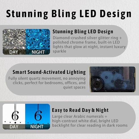 Lighted Wall Clock 12 Inch, Light and Sound Sensor, Light Up Wall Clock, Glow in The Dark, LED Illuminated Silent Non Ticking Battery Operated for Bedroom Living Room Decor (Silver) in Saudi Arabia