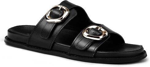 Genuine Leather Women’s Slide Sandals Cowhide Double Buckle Flat Sandals Open Toe Slip-On Casual Shoes in Kuwait