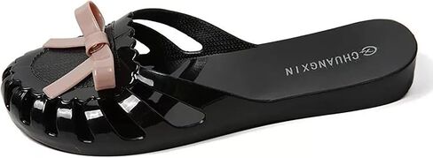 Women's Jelly Slide Sandals Cute Bow PVC Slip on Beach Slides Lightweight Breathable Closed Toe No Slip Flat Sandals for Outdoor and Indoor in Saudi Arabia