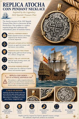 Conch Republic 1828 Key West Atocha Shipwreck Replica Necklace Pendant Coin, Antique Silver Finish with Gold-Tone Bezel, Nautical Treasure Theme in Saudi Arabia