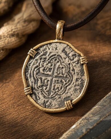 Conch Republic 1828 Key West Atocha Shipwreck Replica Necklace Pendant Coin, Antique Silver Finish with Gold-Tone Bezel, Nautical Treasure Theme in Saudi Arabia
