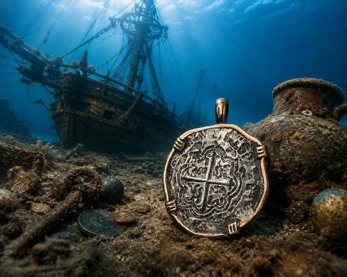 Conch Republic 1828 Key West Atocha Shipwreck Replica Necklace Pendant Coin, Antique Silver Finish with Gold-Tone Bezel, Nautical Treasure Theme in Saudi Arabia