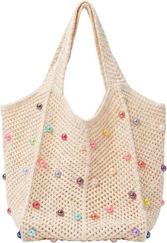 Boho Crochet Beach Tote Bag Colorful Beaded Hippie Knit Shoulder Bag Aesthetic Handbag for Women in Saudi Arabia