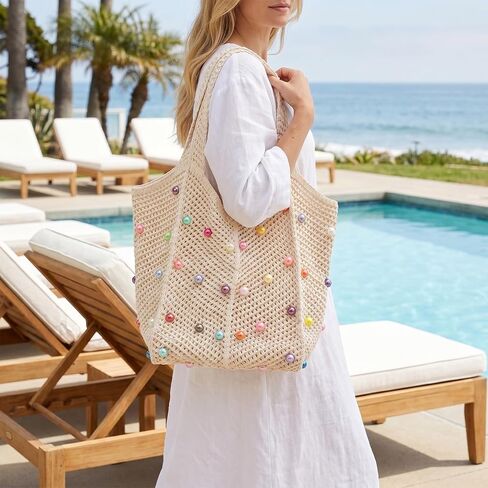 Boho Crochet Beach Tote Bag Colorful Beaded Hippie Knit Shoulder Bag Aesthetic Handbag for Women in Saudi Arabia