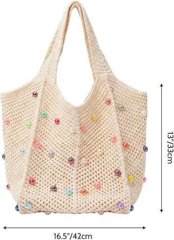Boho Crochet Beach Tote Bag Colorful Beaded Hippie Knit Shoulder Bag Aesthetic Handbag for Women in Saudi Arabia