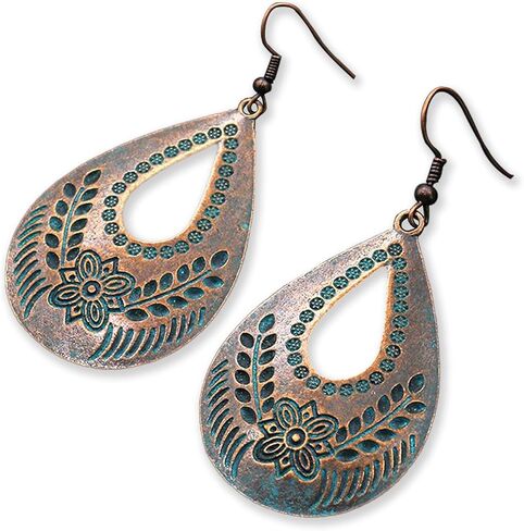 Handmade Boho Vintage Teardrop Earrings Bohemian Hammered & Engraved Earrings Boho Antiqued Earrings Unique Antique Bronze Tribal Ethnic Teardrop Shaped Drop Dangle Earrings For Women in Saudi Arabia