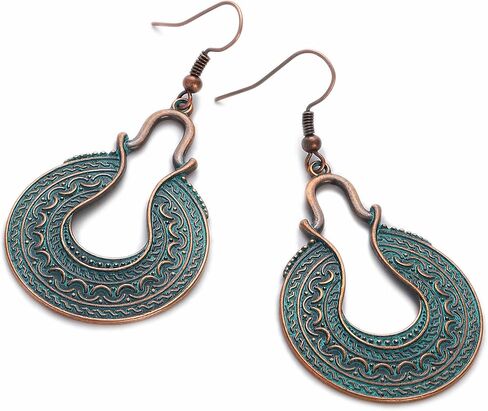 Handmade Boho Vintage Teardrop Earrings Bohemian Hammered & Engraved Earrings Boho Antiqued Earrings Unique Antique Bronze Tribal Ethnic Teardrop Shaped Drop Dangle Earrings For Women in Saudi Arabia