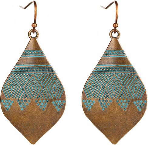 Handmade Boho Vintage Teardrop Earrings Bohemian Hammered & Engraved Earrings Boho Antiqued Earrings Unique Antique Bronze Tribal Ethnic Teardrop Shaped Drop Dangle Earrings For Women in Saudi Arabia