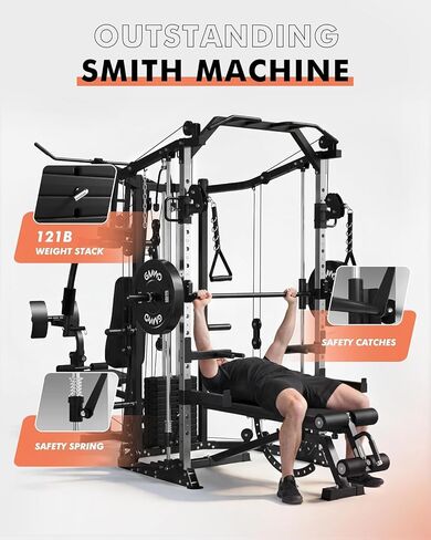 GMWD SmithΔ Machine Power Cage, Multi-Function Home Gym System with Cable Crossover System, Dual-Sided Workout Station with 121LBS Weight Stack, Power Rack, Functional Trainer, All in One Home Gym in Kuwait