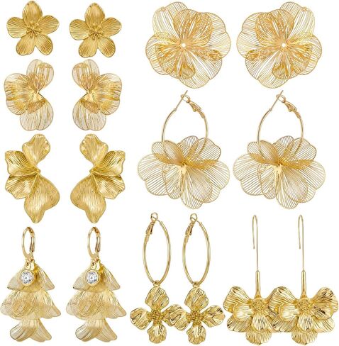 Nosiny 8 Pairs Gold Flower Earrings for Women Statement Floral Hoop Drop Stud Dangle Earrings Jewelry Gift for Boho Beach Vacation in Kuwait
