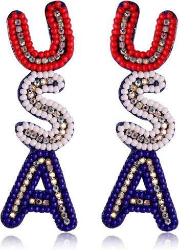 4th of July Earrings for Women- Handmade USA Beaded Dangle Earrings Patriotic Jewelry, Red White and Blue Outfits Accessories Gifts in Saudi Arabia